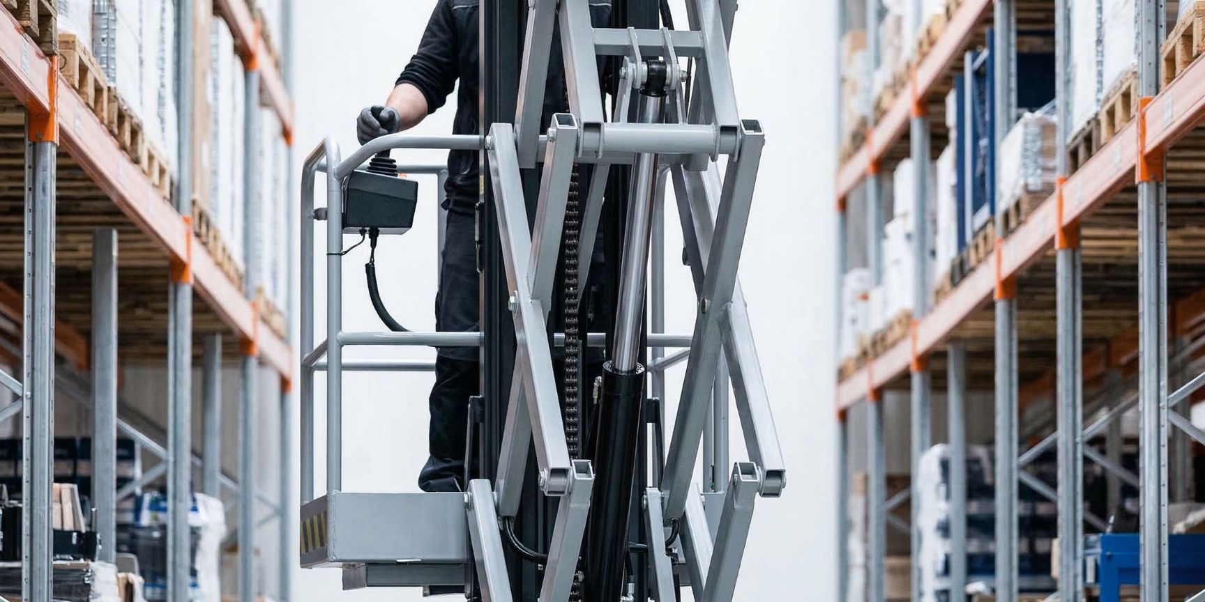 Detaillierte Nahaufnahme der hydraulischen Scherenbühnen-Mechanik und des Steuerpults einer spezialisierten Schmalgang-Arbeitsbühne in einem Hochregallager. SEO, KI, barrierefrei.